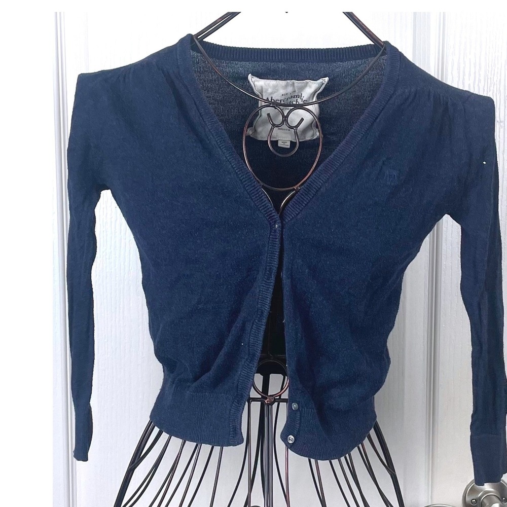 Y2K Abercrombie & Fitch Vintage Navy Cropped Cardigan Sweater Medium Moose Logo